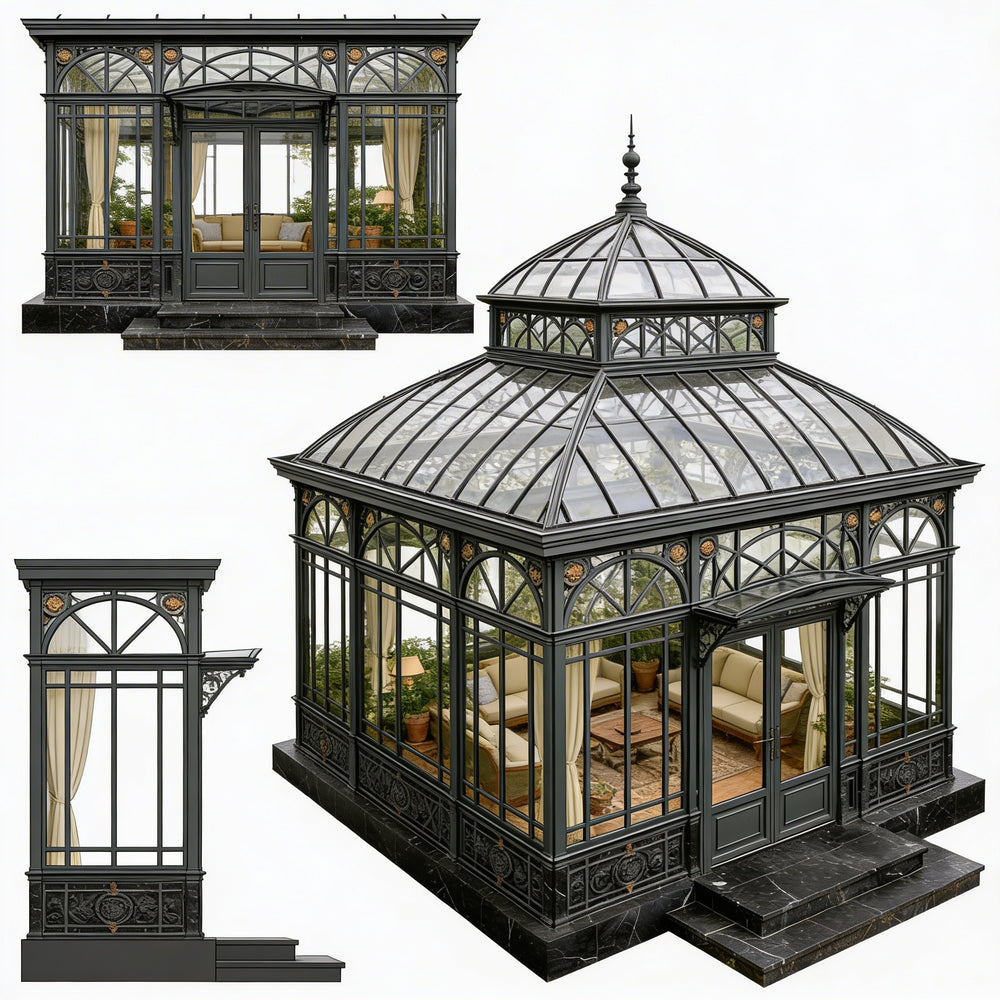 Black ornate glasshouses with detailed architecture on a white background