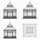 Technical drawings of a glasshouse from different angles on a white background