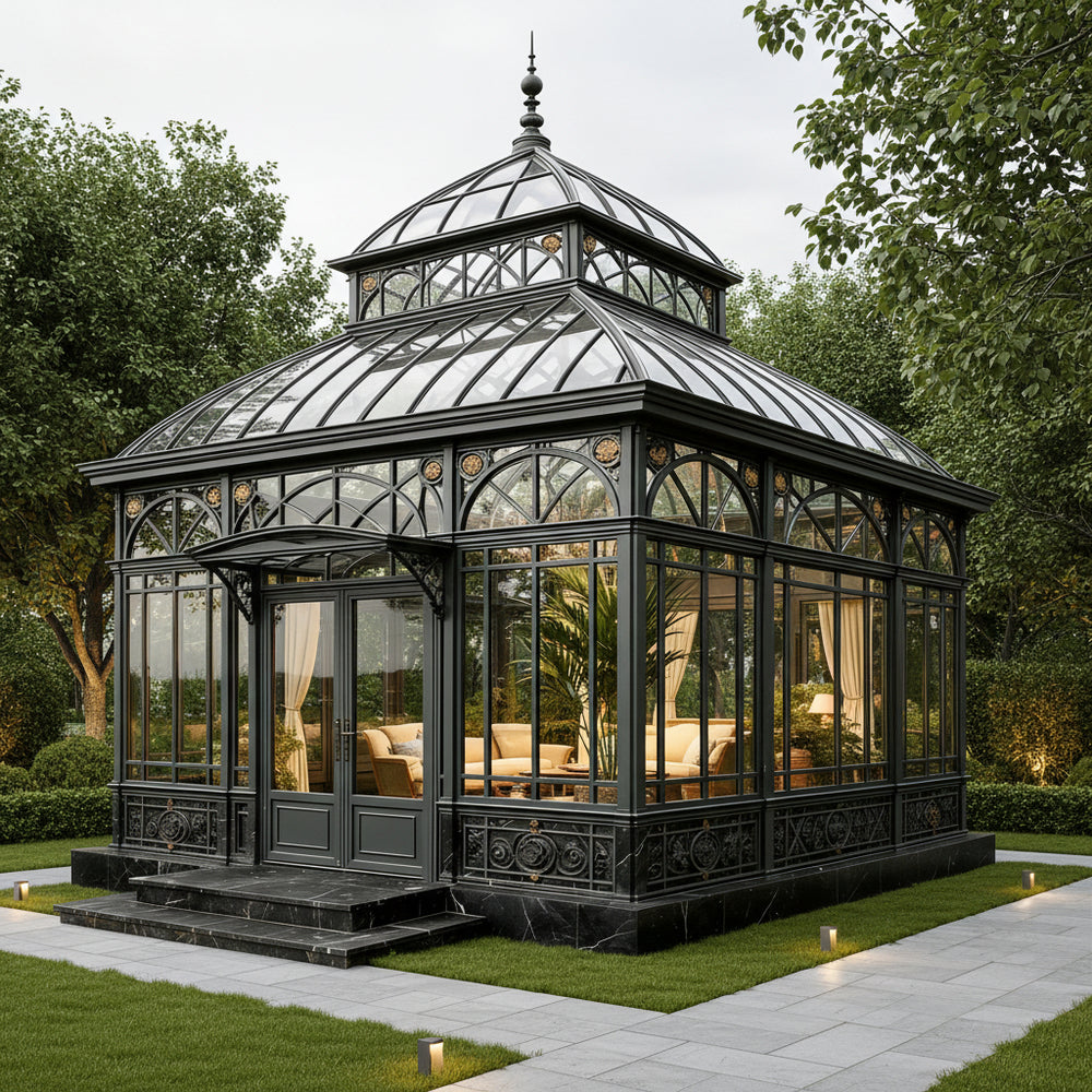 Ornate glasshouse with a domed roof in a garden setting
