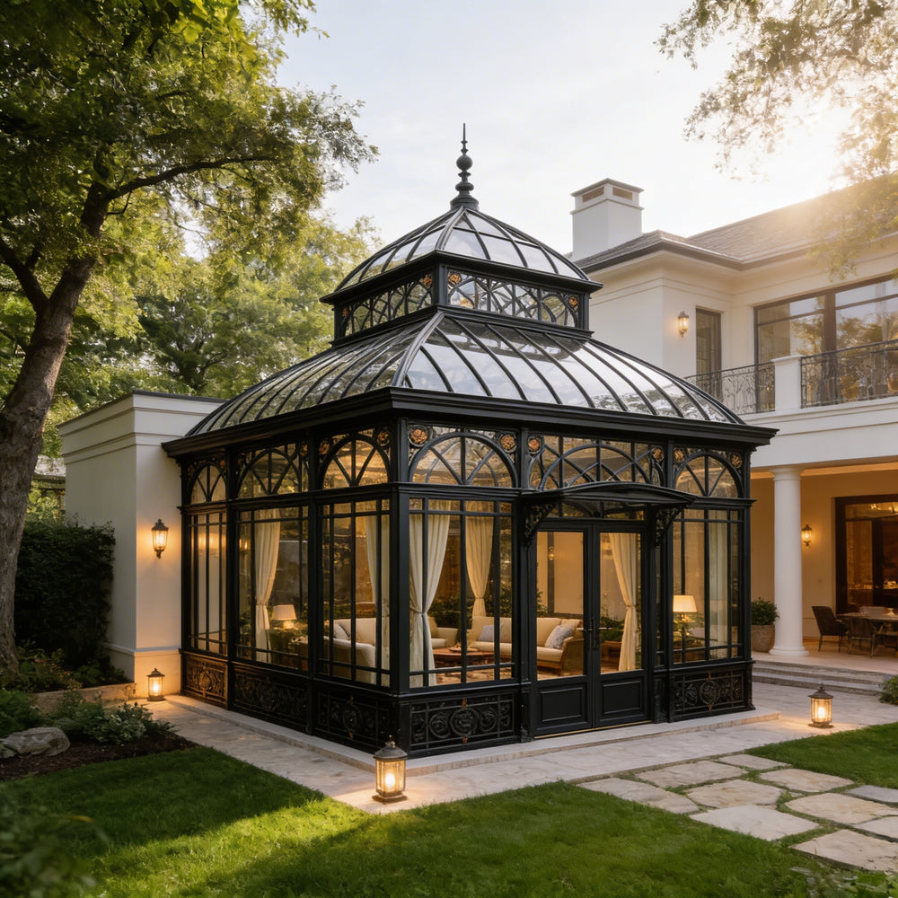 Orangery attached to a house with glass roof and walls, surrounded by trees and garden.