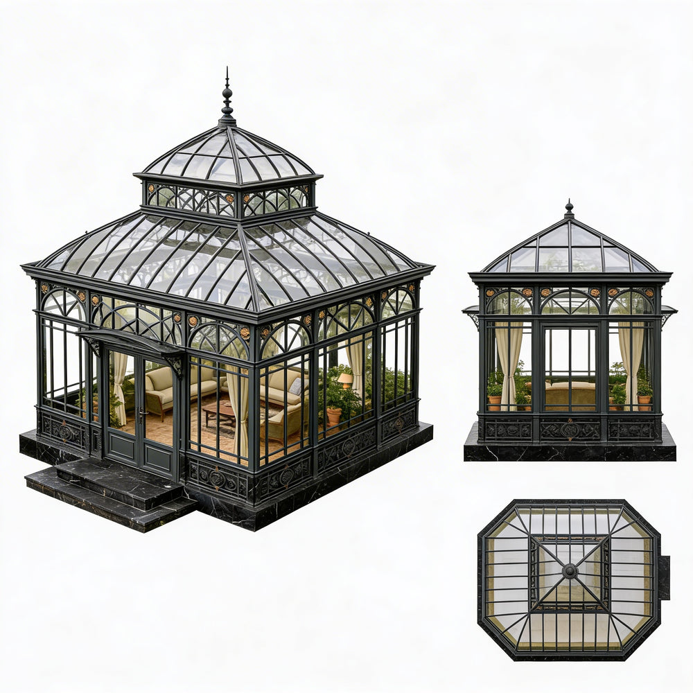 Two large glasshouses with intricate designs on a white background