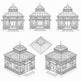 Set of six black and white illustrations of glasshouses on a white background
