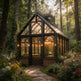Glass house in a forest with flowers and sunlight