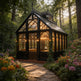 Gothic-style glasshouse in a forest with sunlight filtering through