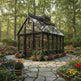 Victorian-style glasshouse in a lush garden with stone pathways and colorful flowers.