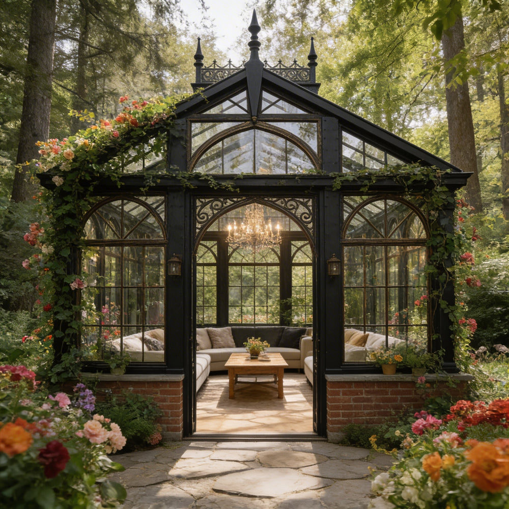 Orchard house with glass facade surrounded by flowers and trees