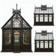 Three gothic-style glasshouses on a white background