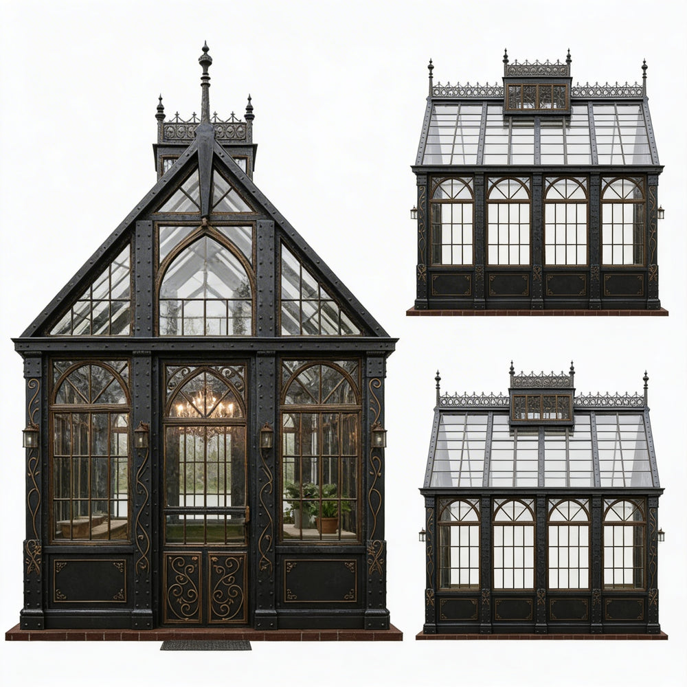Three gothic-style glasshouses on a white background