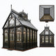 Gothic-style glasshouses with intricate designs on a white background
