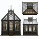 Three ornate glasshouses with intricate designs on a white background