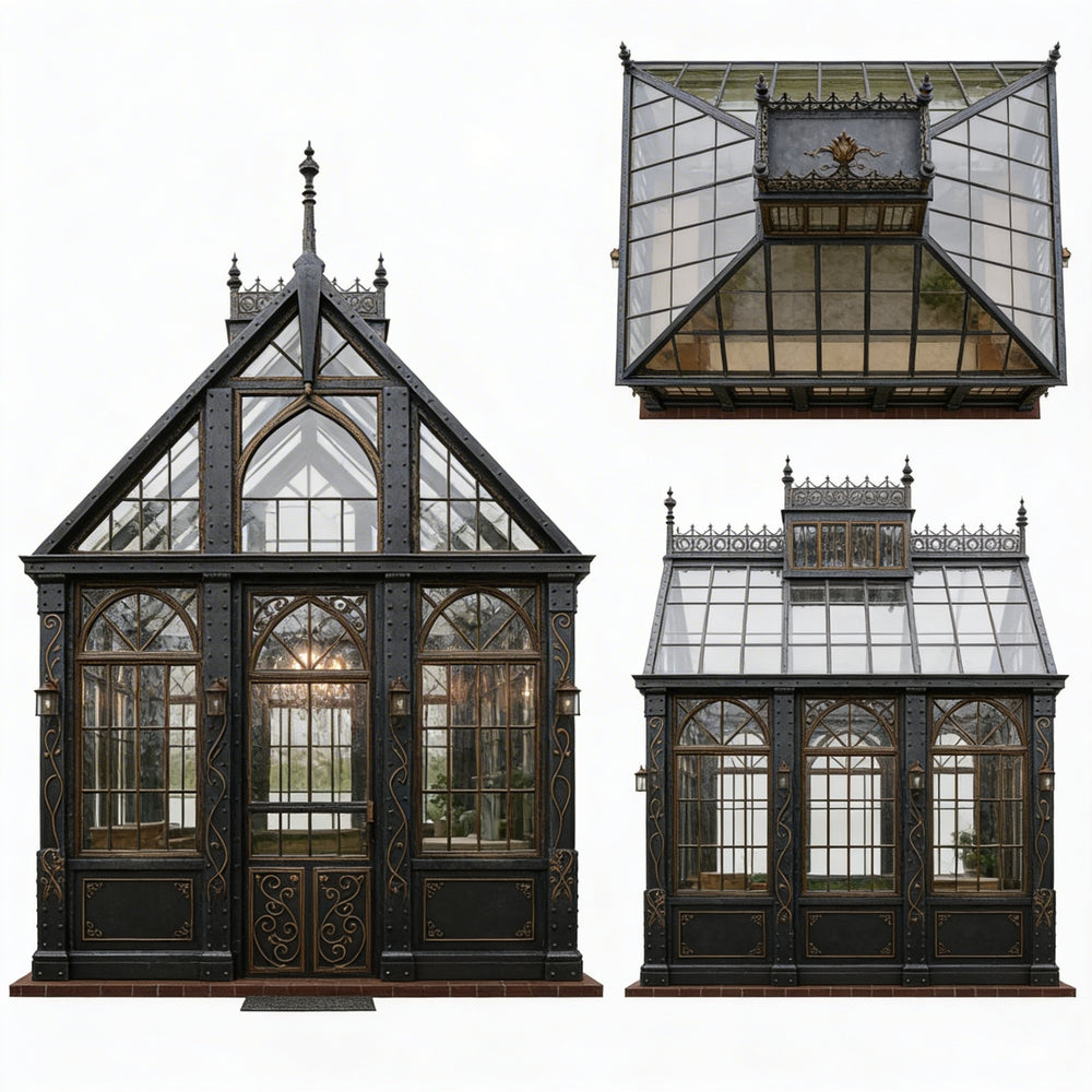Three ornate glasshouses with intricate designs on a white background
