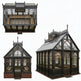 Gothic-style glasshouses on a white background