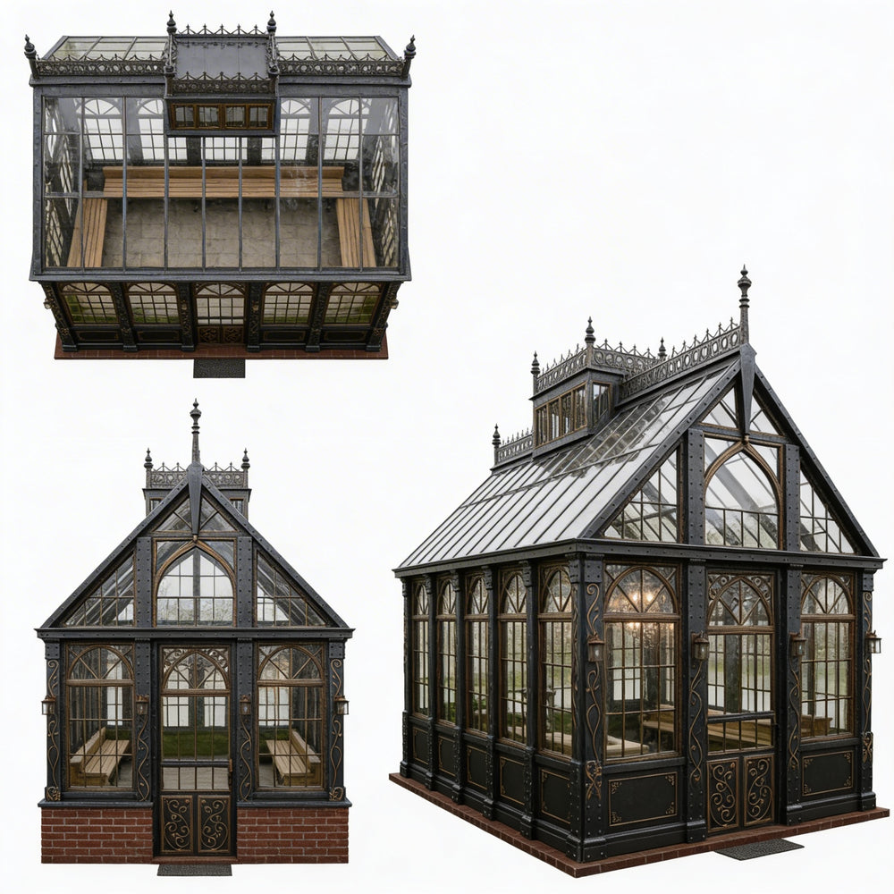 Gothic-style glasshouses on a white background