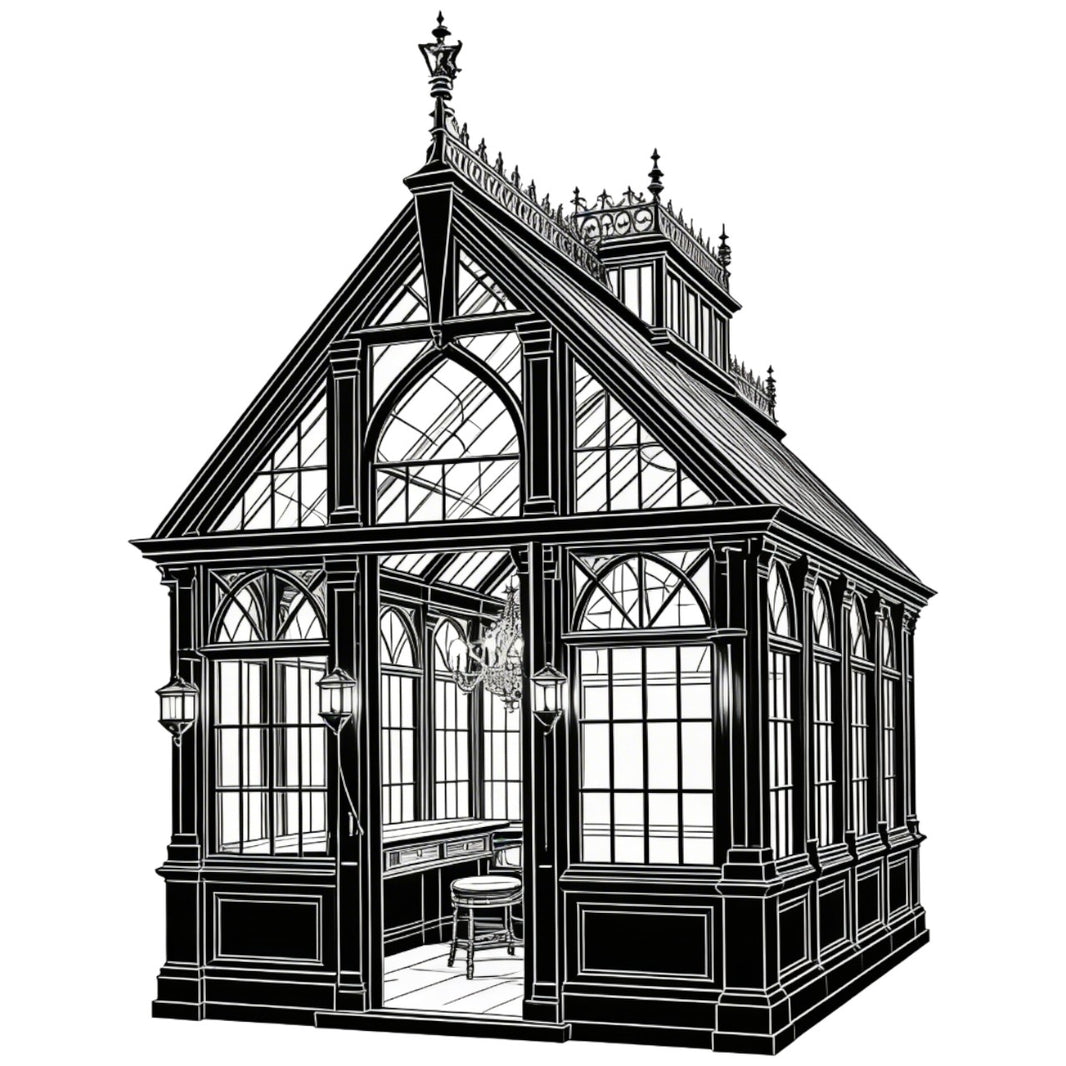Black and white illustration of a Victorian-style glasshouse with intricate detailing.