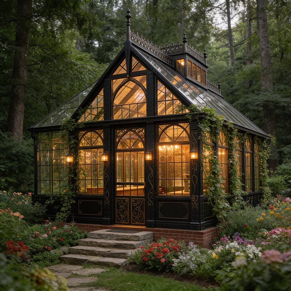 Glasshouse in a forest with warm lighting