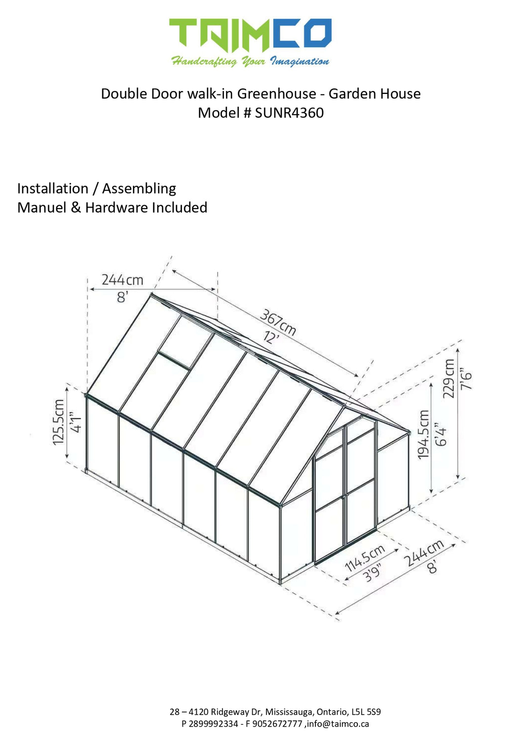Double Door walk-in Greenhouse 10' x 12'- Garden House  – Model # SUNR4360