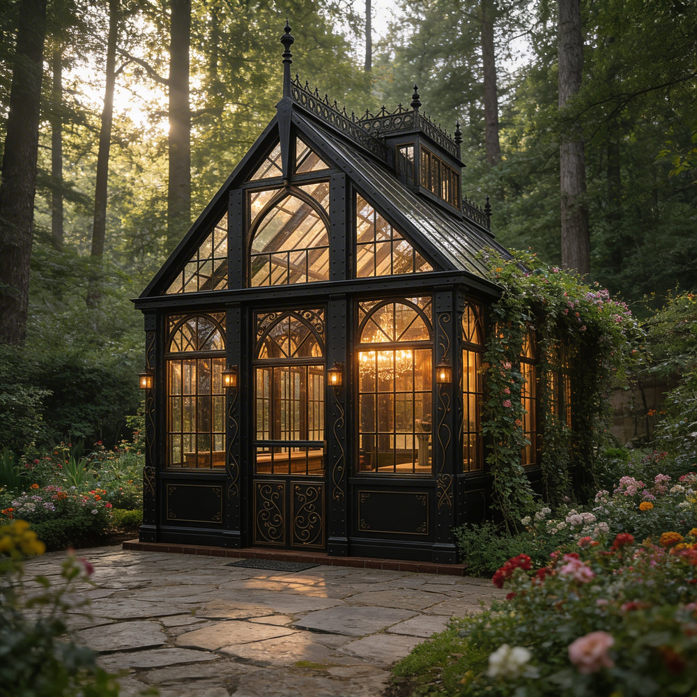 Gothic-style glasshouse in a forest setting with sunlight filtering through