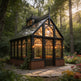 Gothic-style glass house in a forest setting with sunlight filtering through the windows.