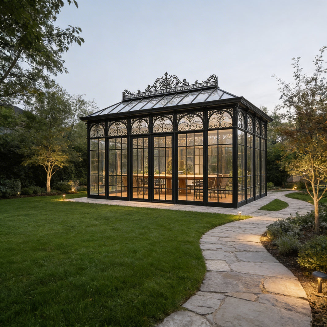 Luxury Wrought Iron & Tempered Glass Sunroom | Custom Metal Conservatory for Gardens, Cottages & Estate Homes Model # SUNR4361