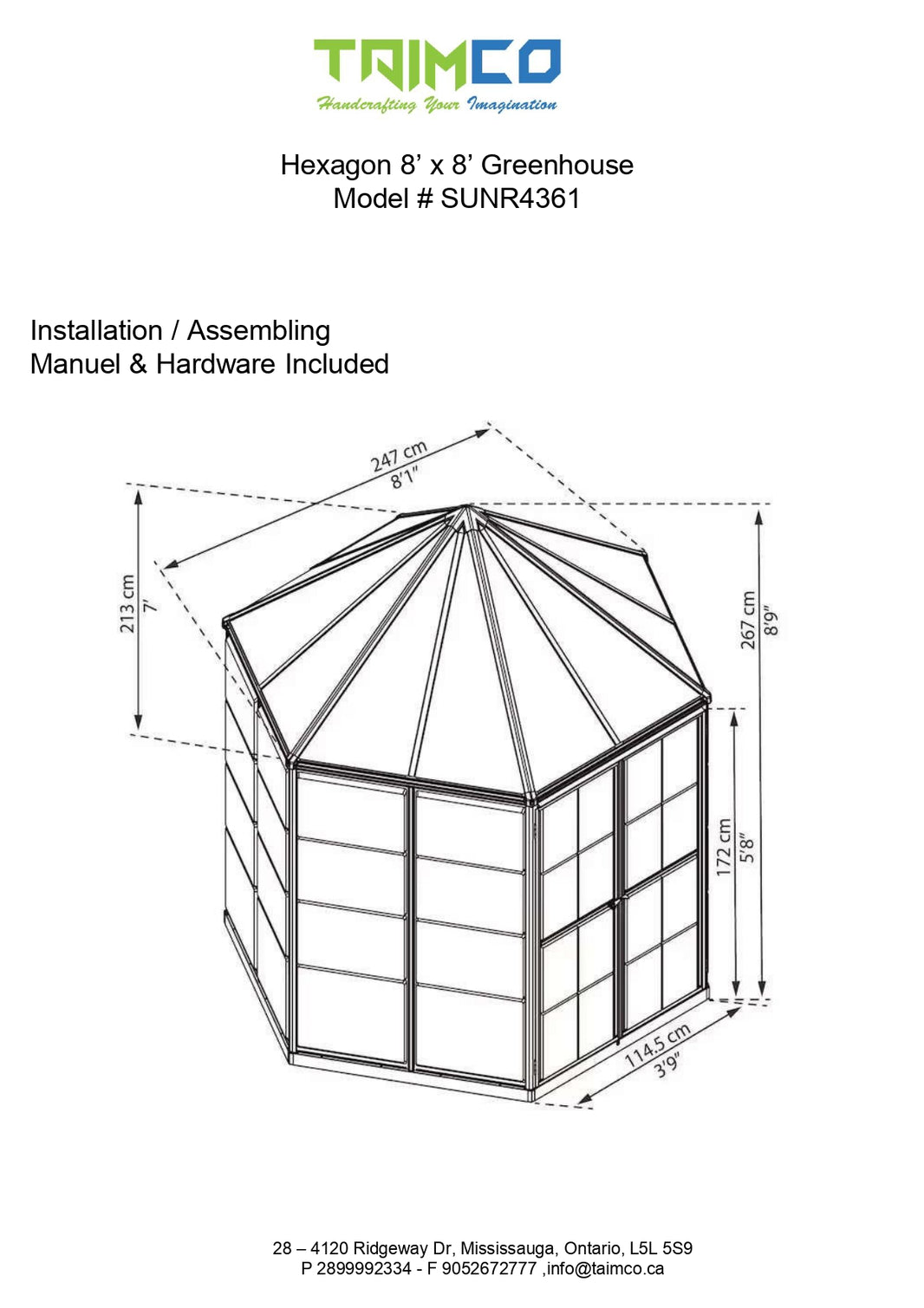 Hexagon Greenhouse 8' x 8'- Garden House – Model # SUNR4361-Taimco