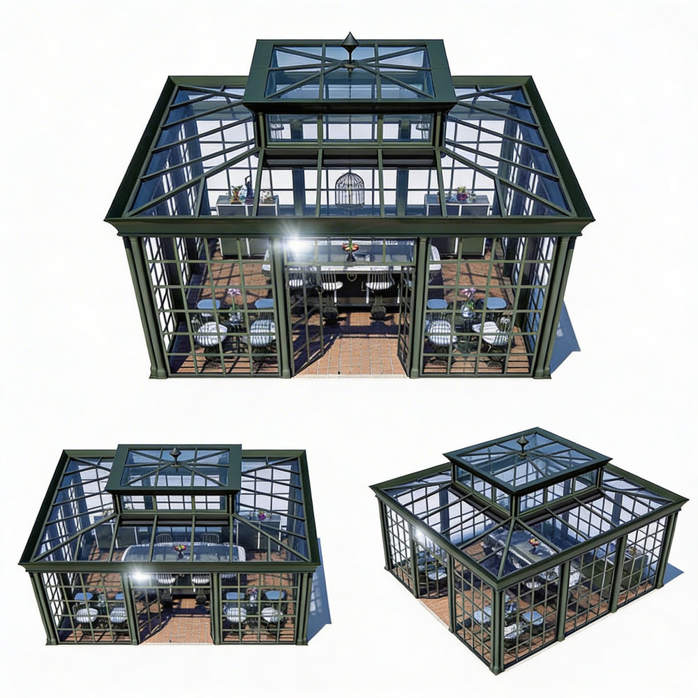Glass garden room with raised central roof and full‑height windows