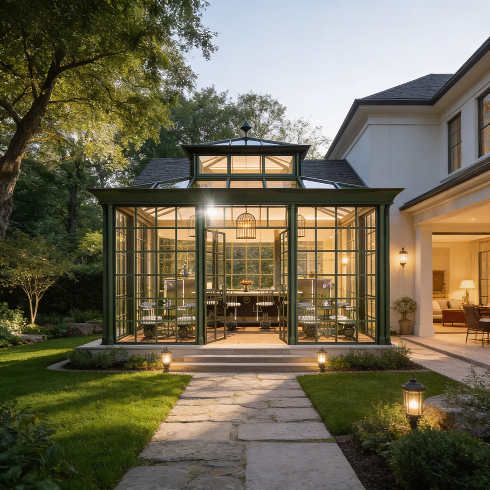 Freestanding garden sunroom with full‑height glass panels