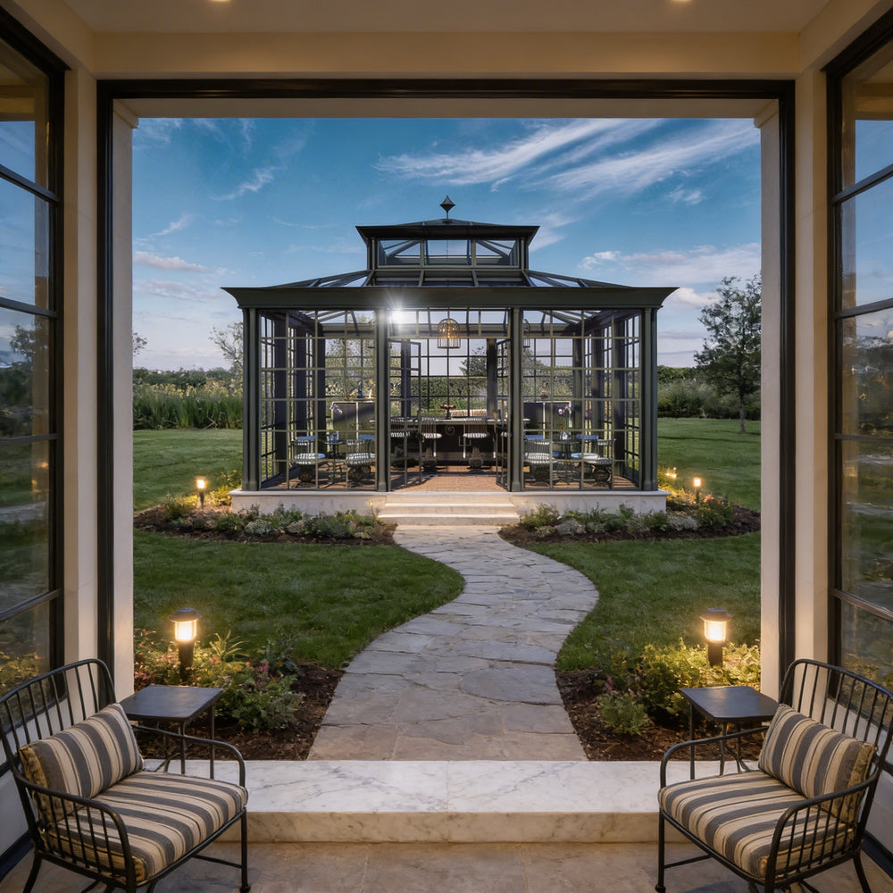 Architectural greenhouse structure with double doors and clerestory roof