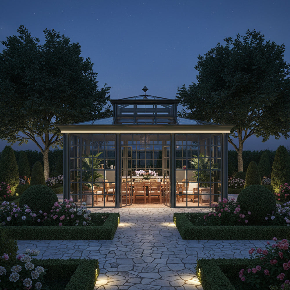 Luxury glass pavilion with symmetrical steel frame design