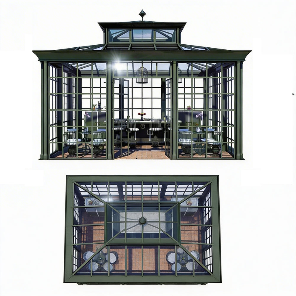 Rectangular glass pavilion with double‑door entrance