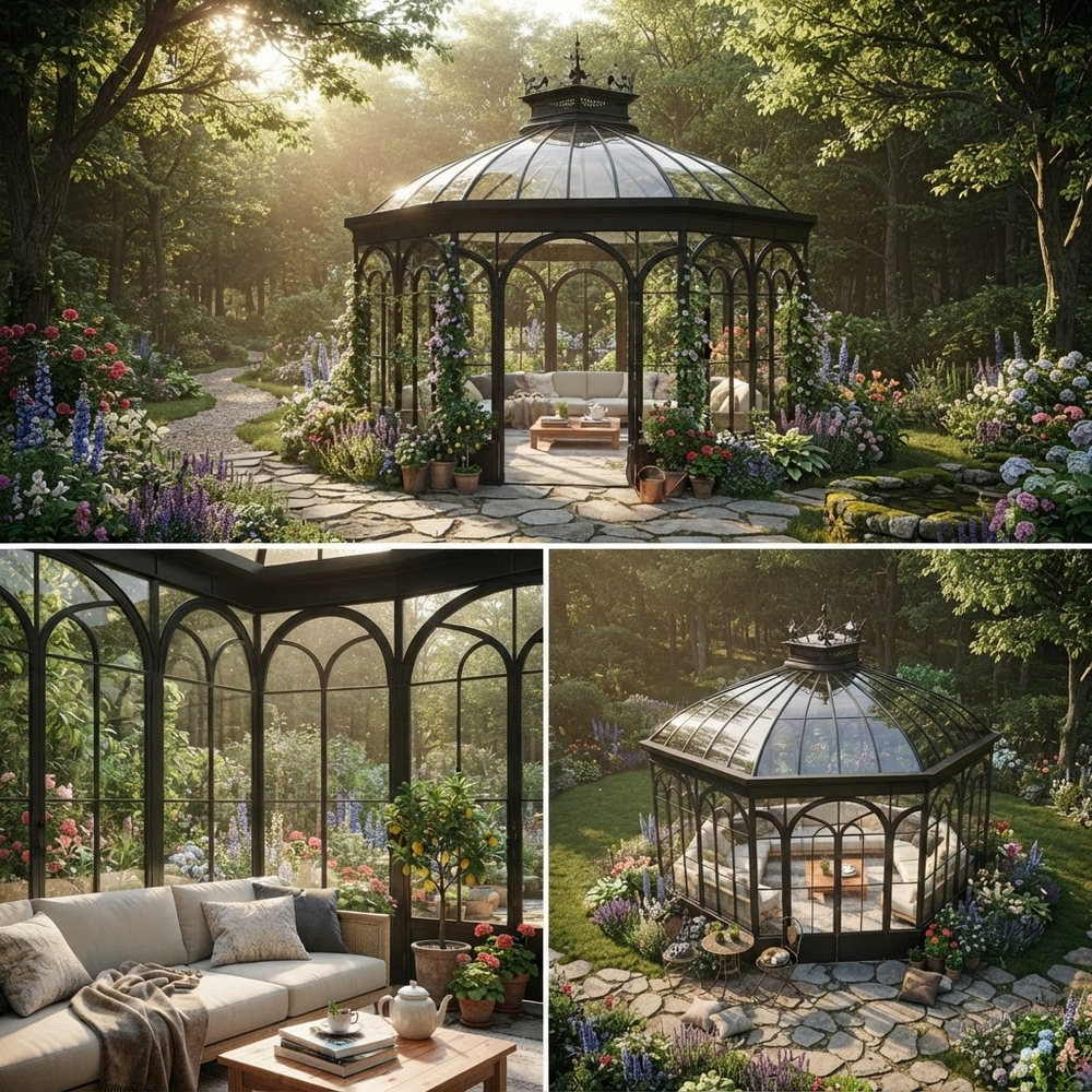 A collage showing a black metal gazebo with a glass-domed roof in a lush garden setting, plus two smaller views showing it as an outdoor structure and as an interior conservatory-like shelter with a sofa inside.