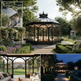 A large collage showing an ornate glass conservatory/gazebo in a luxurious garden setting, with three smaller views: a close-up inset of the glass roof, a daytime exterior view with seating and garden views, and a nighttime view with the structure lit warmly.