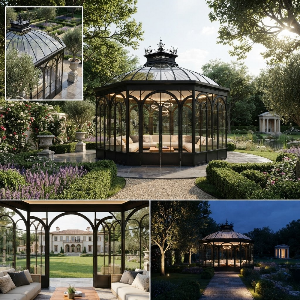 A large collage showing an ornate glass conservatory/gazebo in a luxurious garden setting, with three smaller views: a close-up inset of the glass roof, a daytime exterior view with seating and garden views, and a nighttime view with the structure lit warmly.