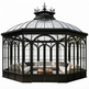 A large black metal gazebo with a glass domed roof and enclosed patio seating, shown on a plain white background.