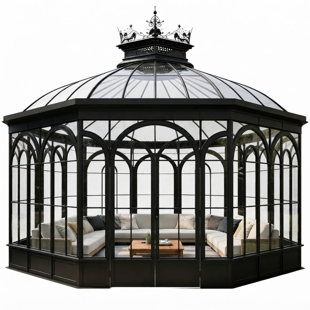 A large black metal gazebo with a glass domed roof and enclosed patio seating, shown on a plain white background.