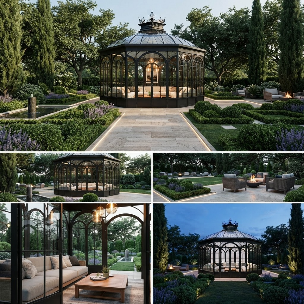 A six-panel collage showcasing an elegant black metal gazebo with glass walls in various outdoor and interior settings, including a formal garden, patio seating, and a modern living room interior.
