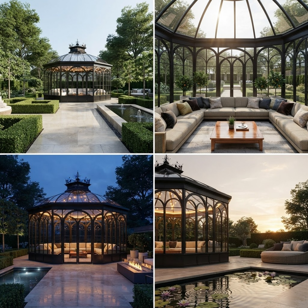 A four-panel collage showing a large glass-and-wood outdoor pavilion/gazebo in different settings: a formal garden day scene, an interior lounge view inside the glass structure, a nighttime exterior view with warm lighting, and an evening poolside view.
