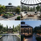 A four-panel collage showing a black metal arched gazebo in different outdoor and interior settings: one day scene with seating, one interior view of the gazebo with a sofa and coffee table, one distant daytime view with a reflecting pool, and one nighttime view with warm lighting along the walkway.