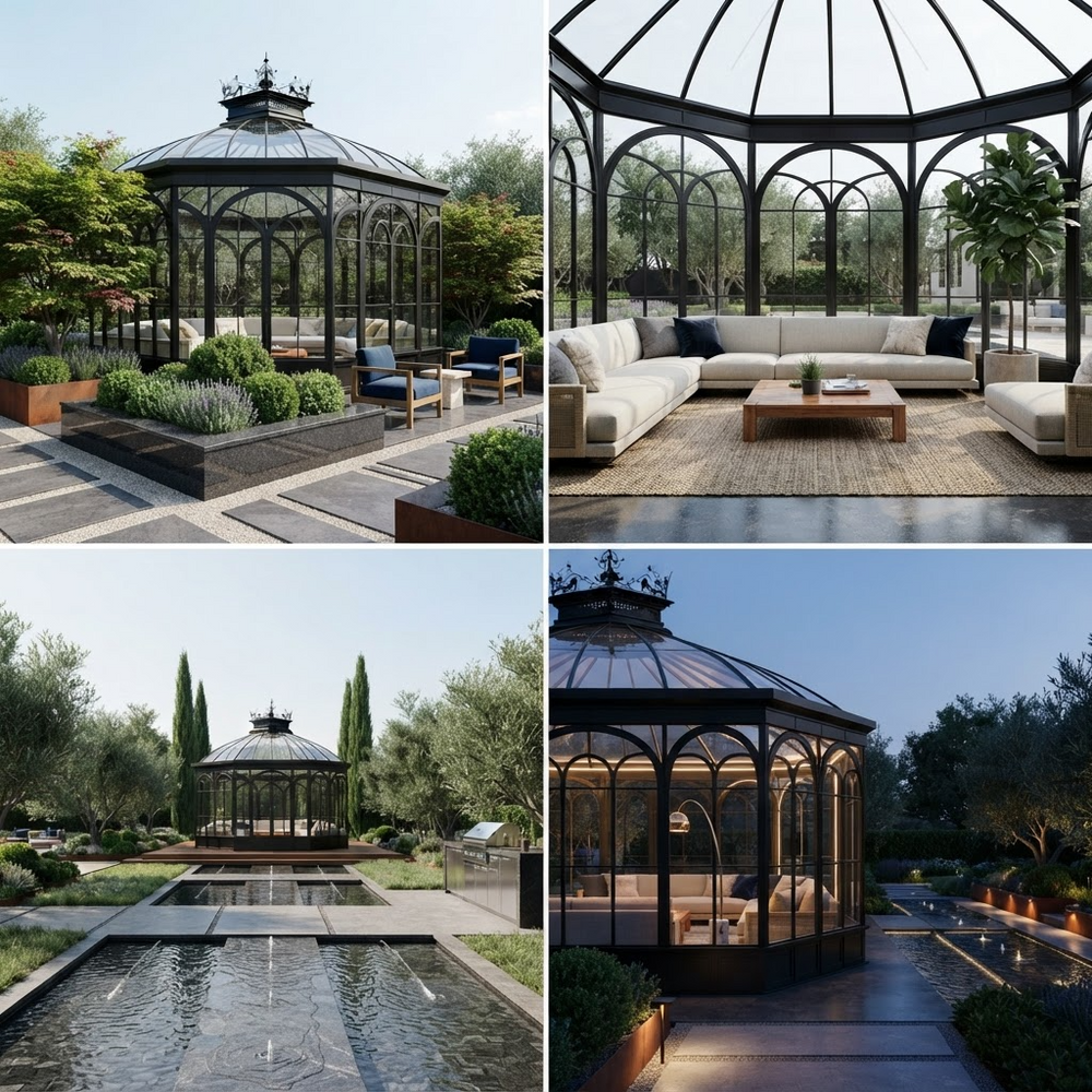 A four-panel collage showing a black metal arched gazebo in different outdoor and interior settings: one day scene with seating, one interior view of the gazebo with a sofa and coffee table, one distant daytime view with a reflecting pool, and one nighttime view with warm lighting along the walkway.