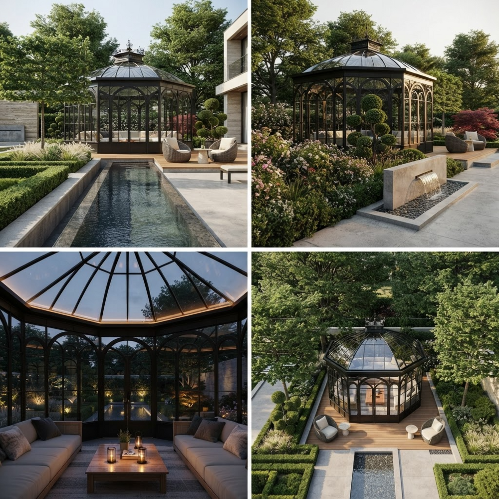A four-panel collage showing an elegant glass conservatory/gazebo in different outdoor garden settings, including poolside views and an interior seating area.