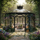 A large glass gazebo with a black metal frame sits in a lush garden courtyard. The gazebo is decorated with climbing purple and pink flowers and is surrounded by stone paving, garden lights, and comfortable seating inside.