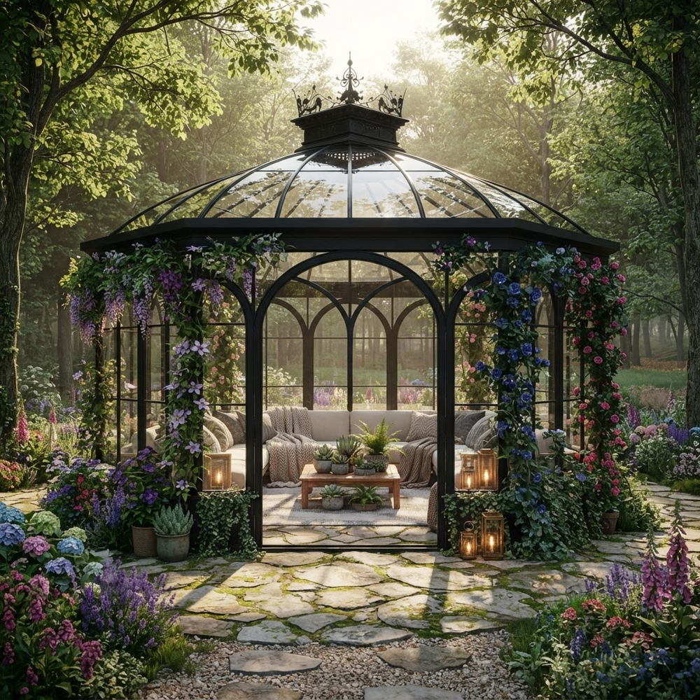 A large glass gazebo with a black metal frame sits in a lush garden courtyard. The gazebo is decorated with climbing purple and pink flowers and is surrounded by stone paving, garden lights, and comfortable seating inside.
