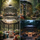 A four-panel collage showing an outdoor glass-and-metal gazebo/凉亭 in different settings: sunlit forest, garden at dusk, furnished patio interior, and dark evening scene. The gazebo is the main product shown in real environments, so this fits Lifestyle rather than Product/Packaging.
