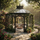 A glass-domed garden gazebo with a black metal frame, decorated with climbing flowers and greenery, housing a cozy outdoor seating area. The gazebo is situated on a stone patio surrounded by a lush, sunlit garden with blooming pink and purple flowers.