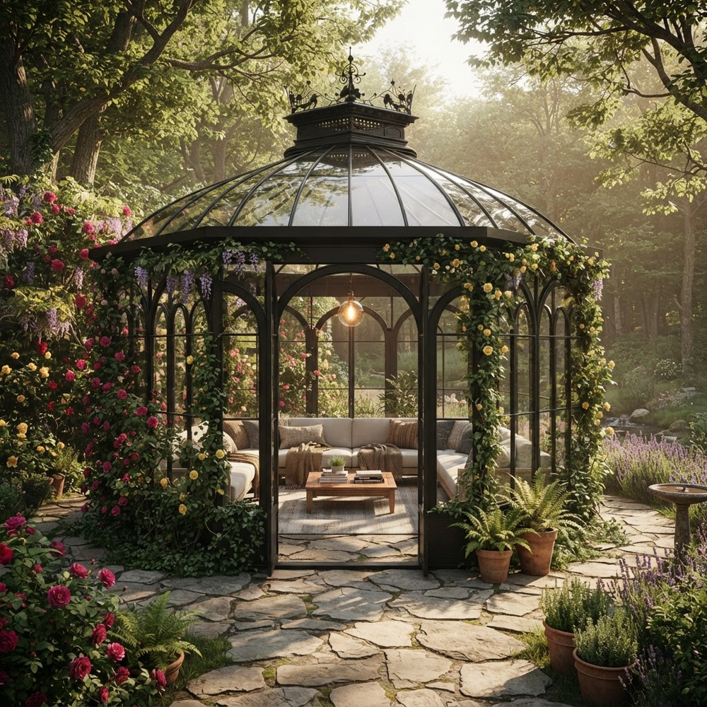 A glass-domed garden gazebo with a black metal frame, decorated with climbing flowers and greenery, housing a cozy outdoor seating area. The gazebo is situated on a stone patio surrounded by a lush, sunlit garden with blooming pink and purple flowers.