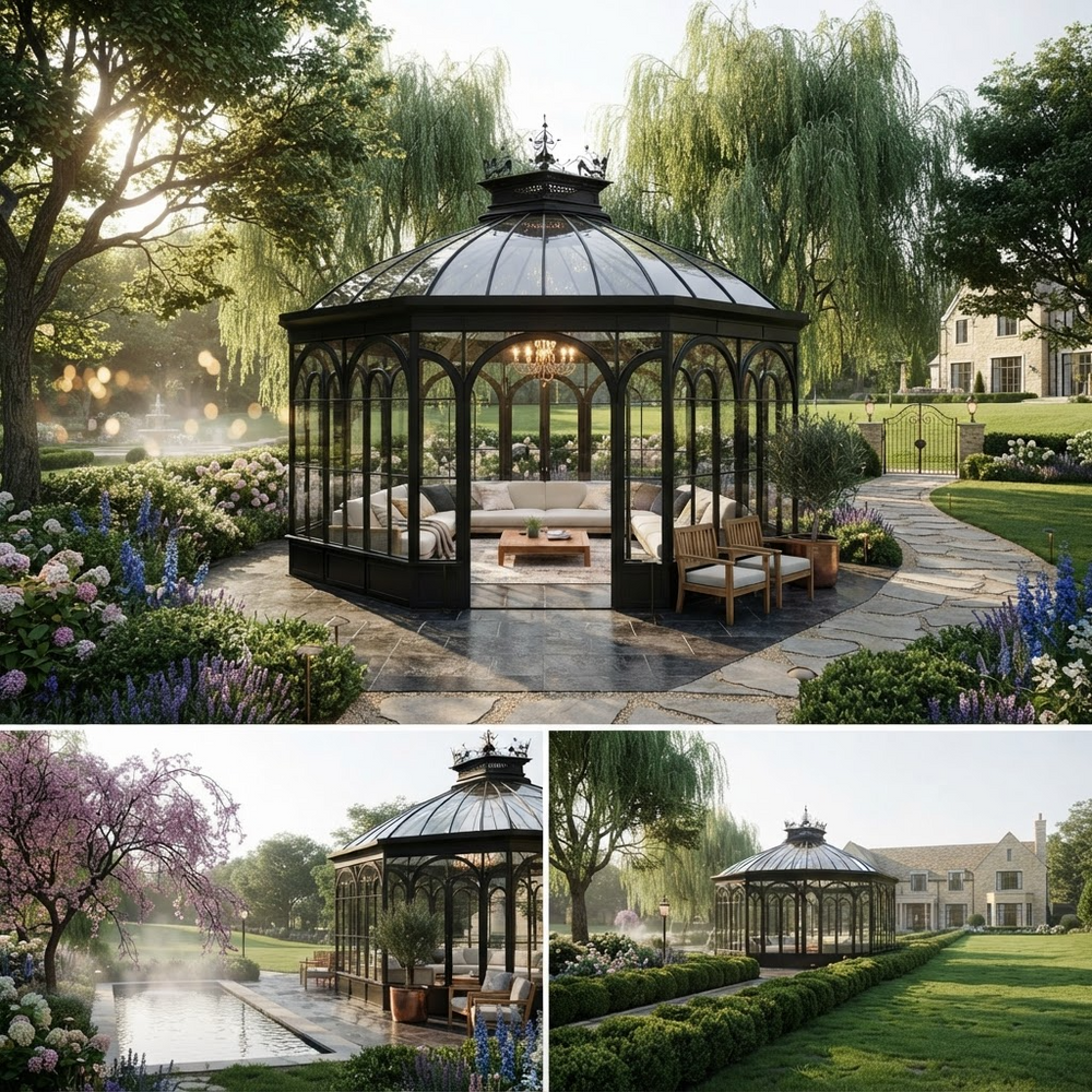 A large collage showing an outdoor gazebo with a glass domed roof and black metal frame, furnished with seating, set in a landscaped garden. The top panel is the main view, while the bottom panel shows two smaller alternate views of the same gazebo in different garden settings.