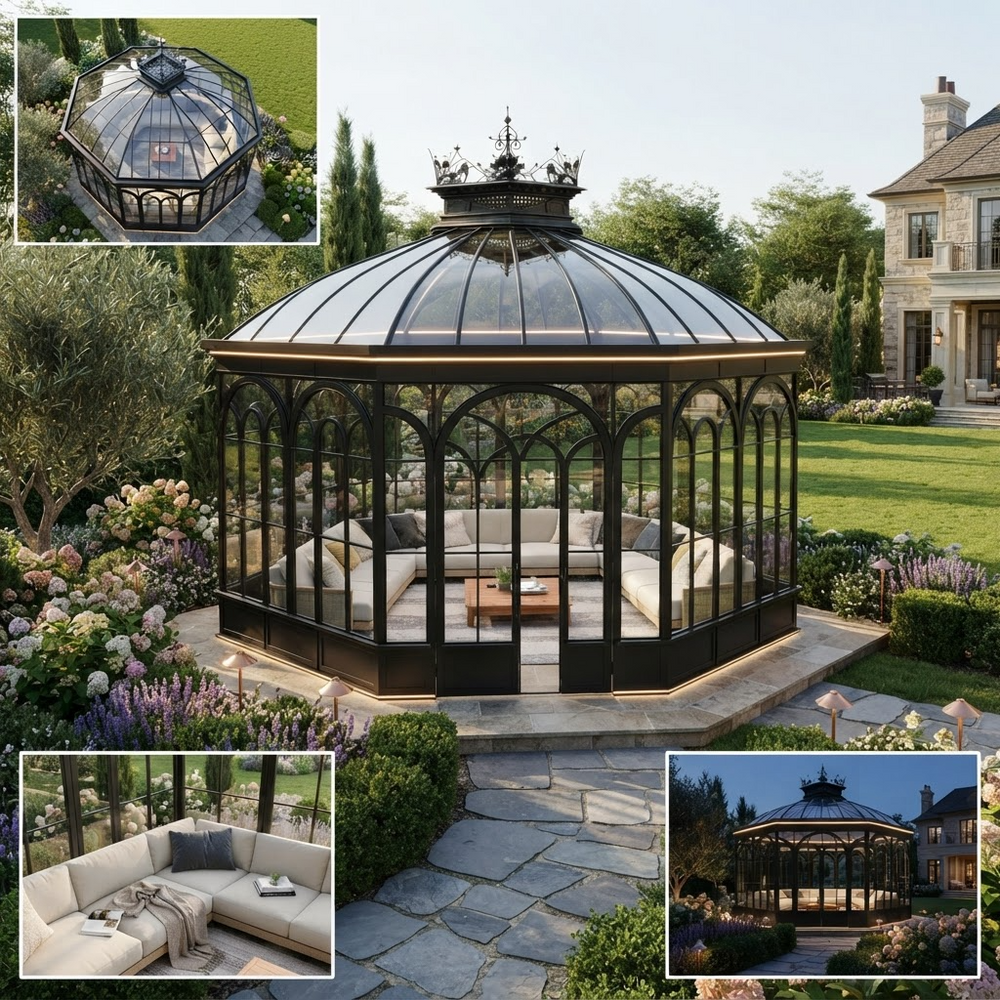 An ornate glass conservatory gazebo with a black metal frame and beige seating, shown in a landscaped garden. Three inset images show different angles and a nighttime view of the gazebo.