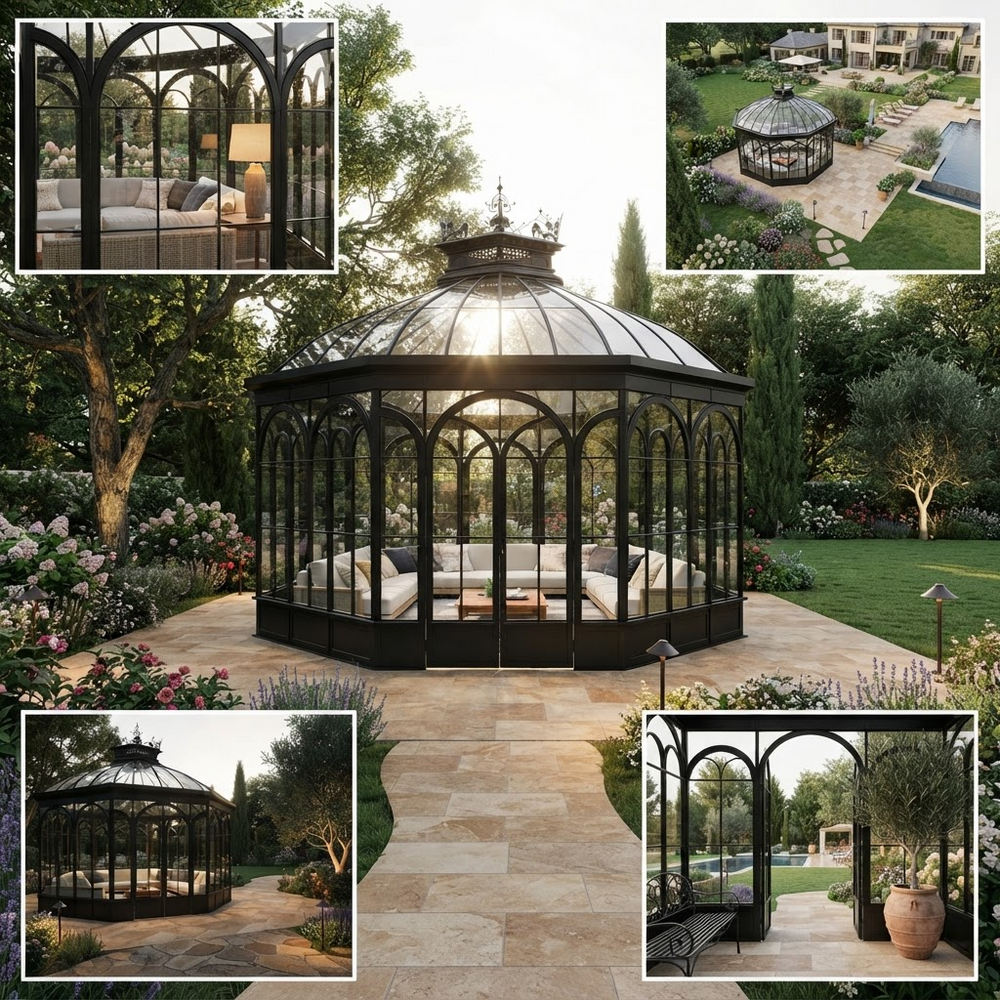 A large black metal and glass octagonal gazebo with a glass domed roof is shown in a landscaped garden patio setting. Four smaller inset images around the main photo show the gazebo from different angles in various outdoor garden and pool environments.