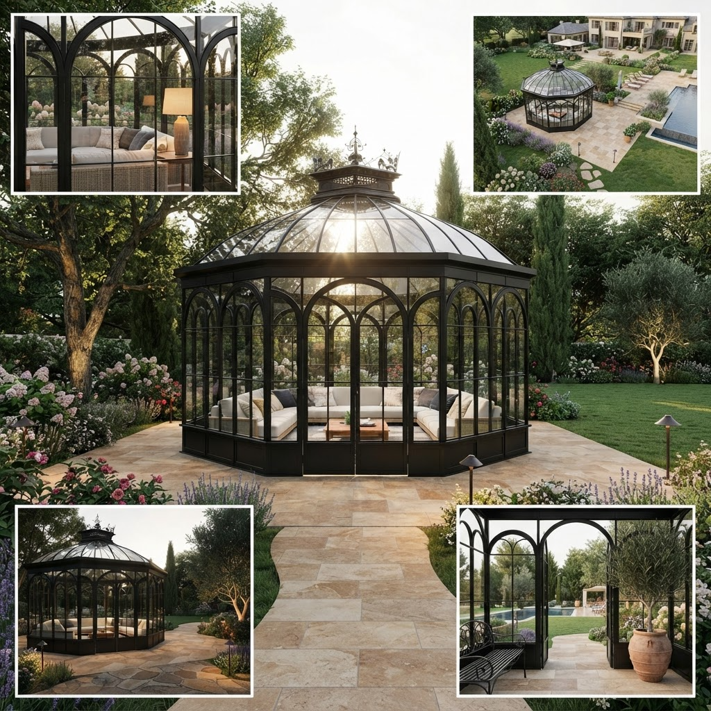 A large black metal and glass octagonal gazebo with a glass domed roof is shown in a landscaped garden patio setting. Four smaller inset images around the main photo show the gazebo from different angles in various outdoor garden and pool environments.