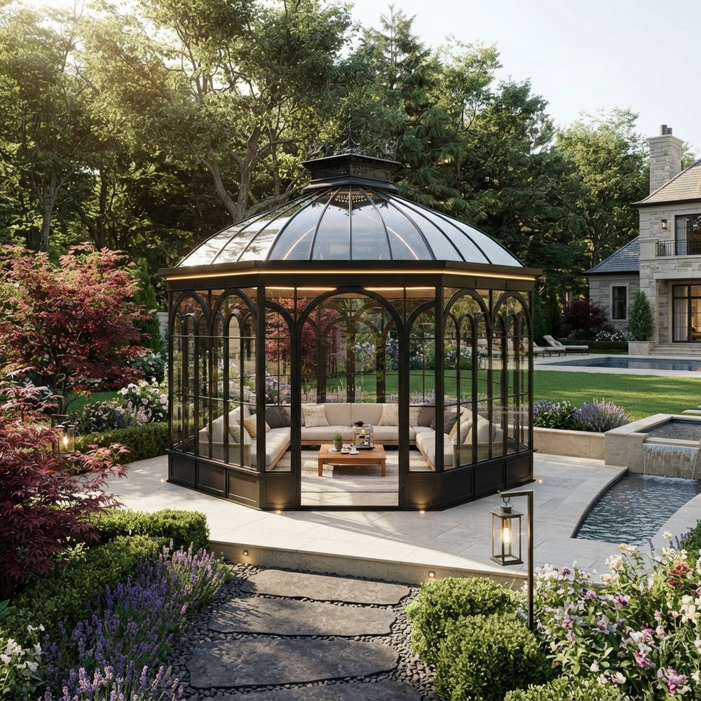 A round black metal gazebo with glass walls and a glass domed roof, furnished with a beige lounge chair and small table, situated in a landscaped backyard garden next to a stone patio and pool.