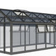 Greenhouse with transparent panels and a dark metal frame on a white background
